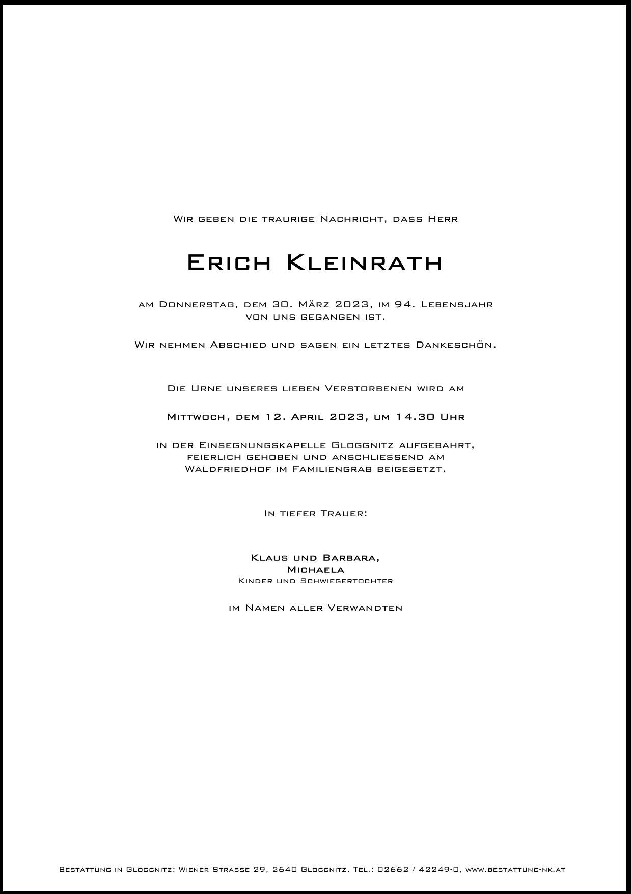 Traueranzeige von Erich Kleinrath