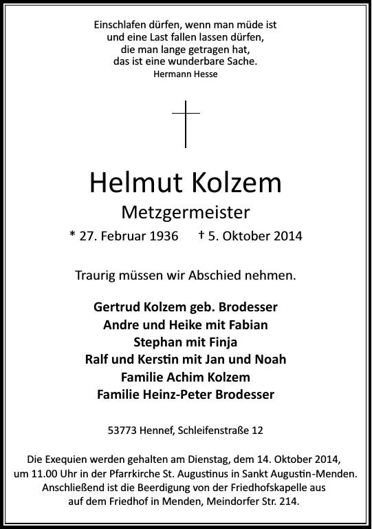 Traueranzeige von Helmut Kolzem