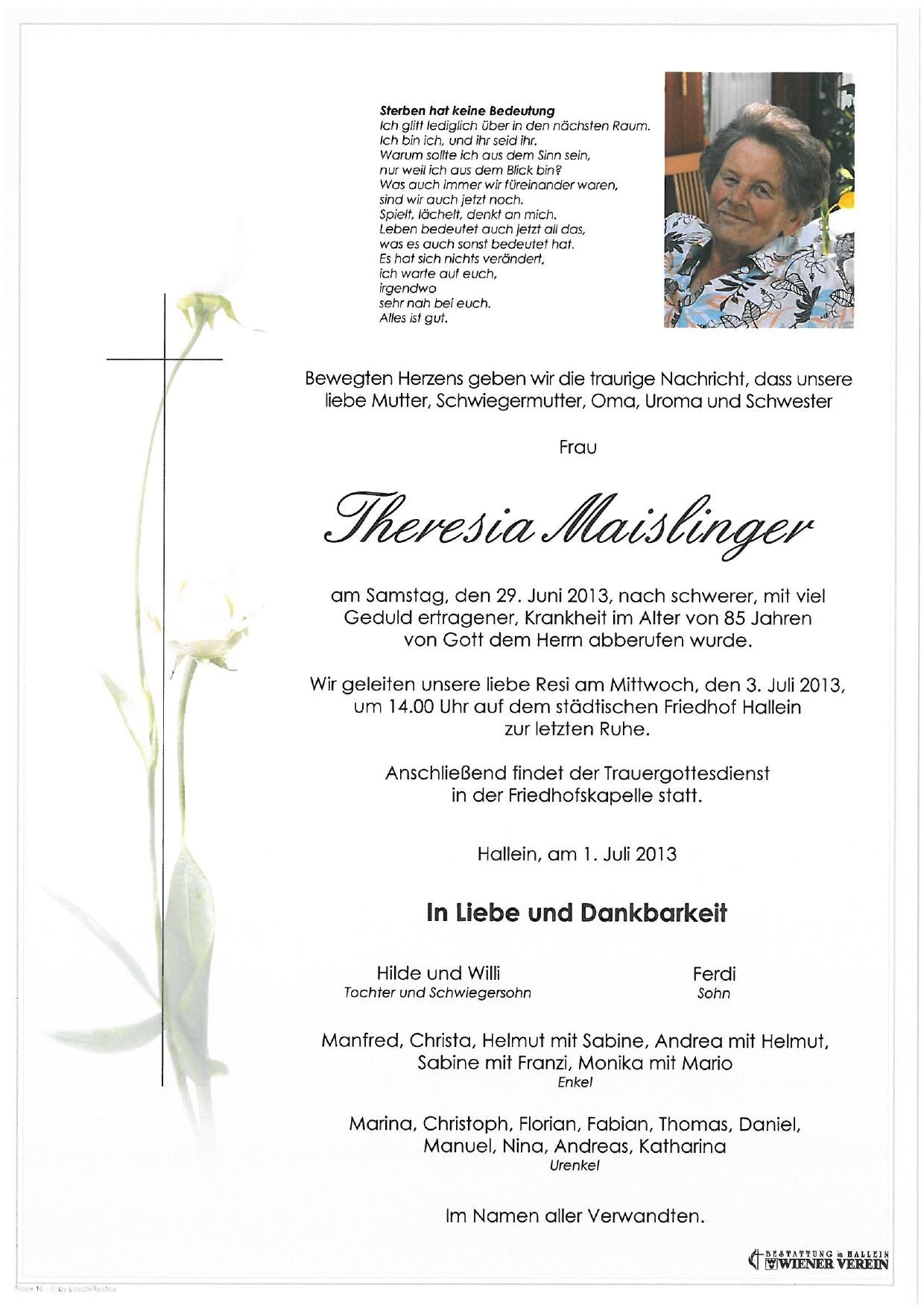 Traueranzeige von Theresia Maislinger