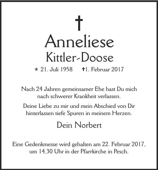 Traueranzeige von Anneliese Kittler-Doose