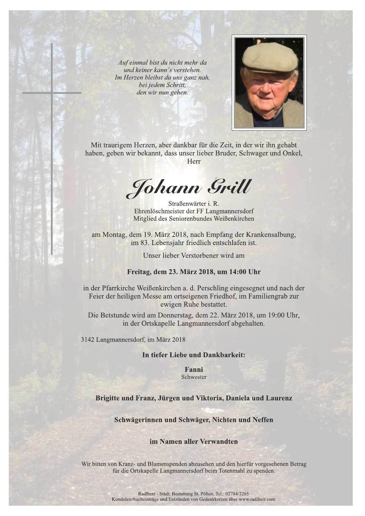 Traueranzeige von Johann Grill