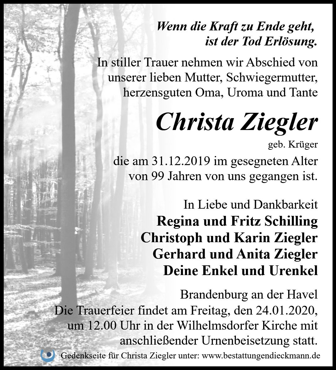 Traueranzeige von Christa Ziegler