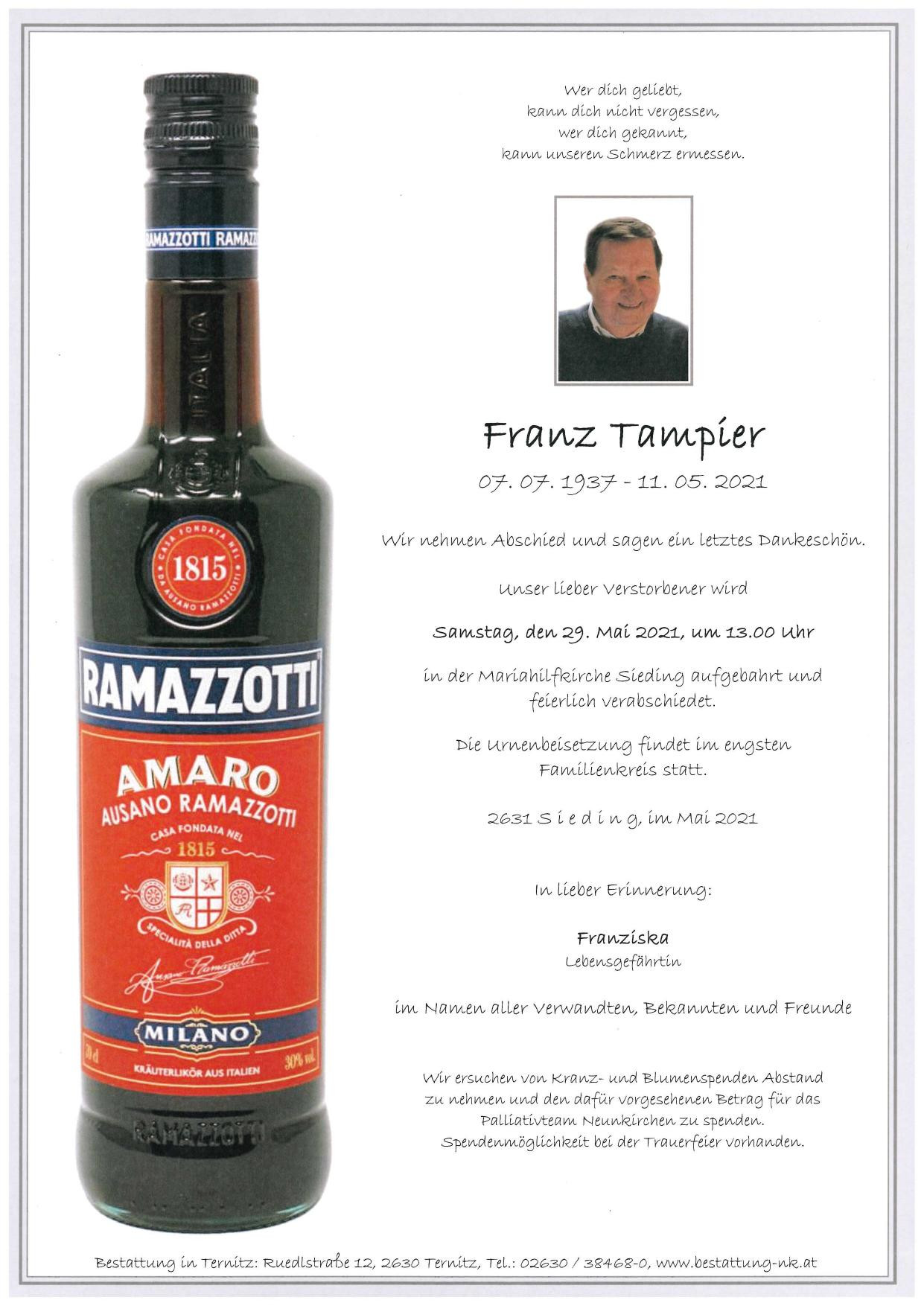 Traueranzeige von Franz Tampier