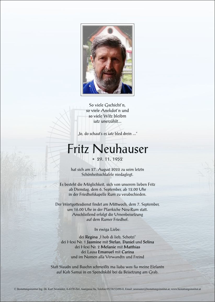 Traueranzeige von Fritz Neuhauser