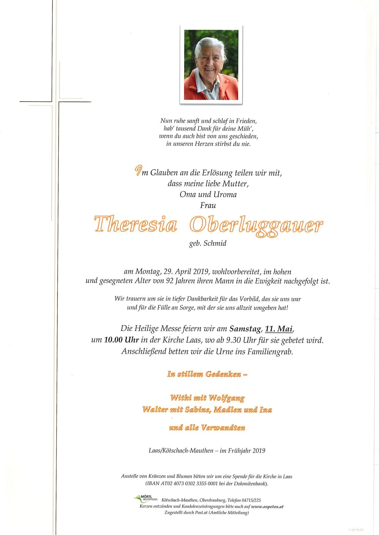 Traueranzeige von Theresia Oberluggauer