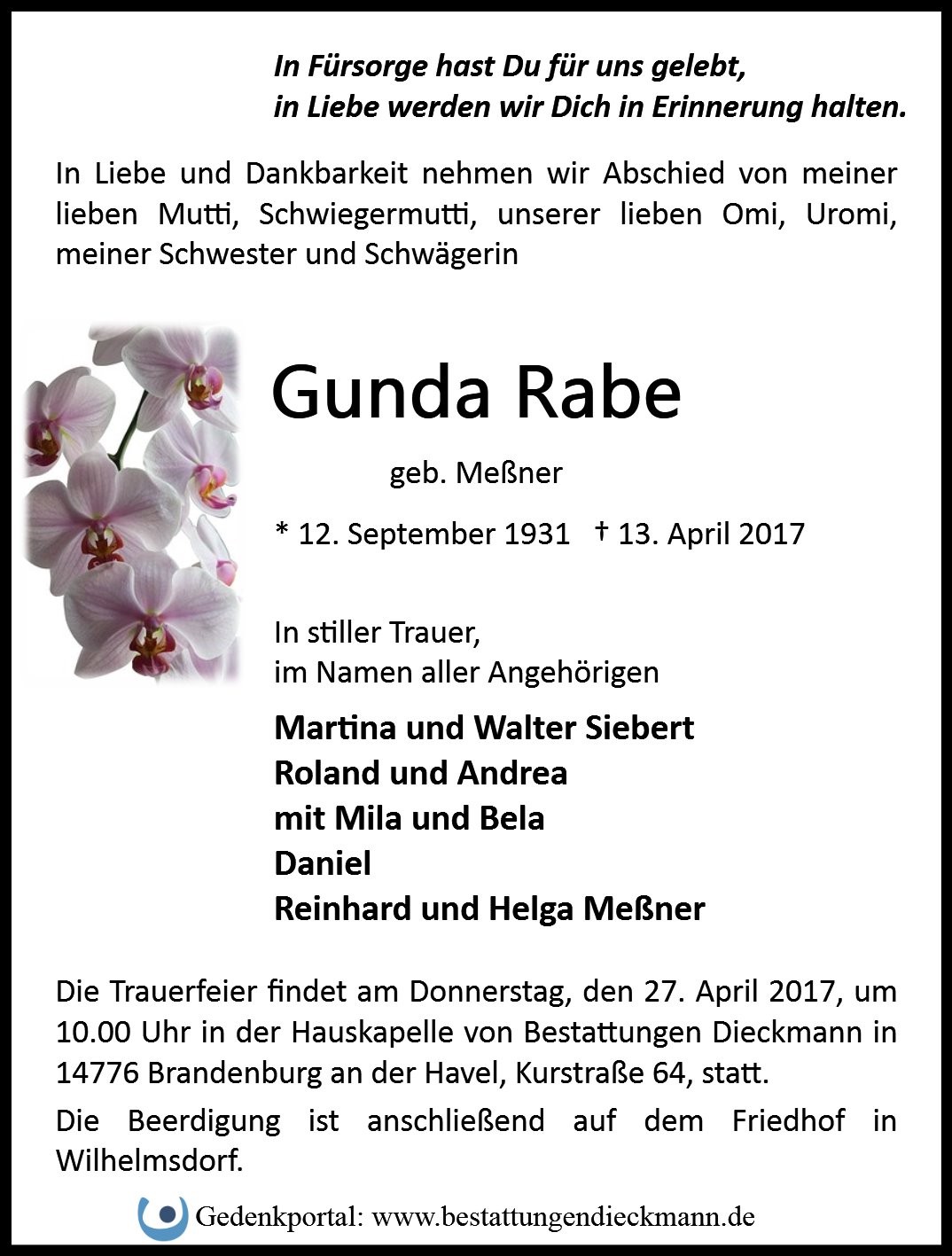 Traueranzeige von Gunda Rabe