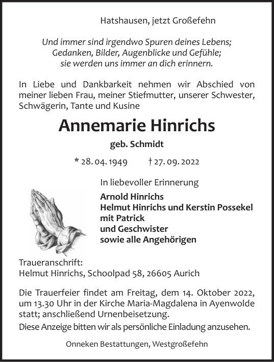 Traueranzeige von Annemarie Hinrichs