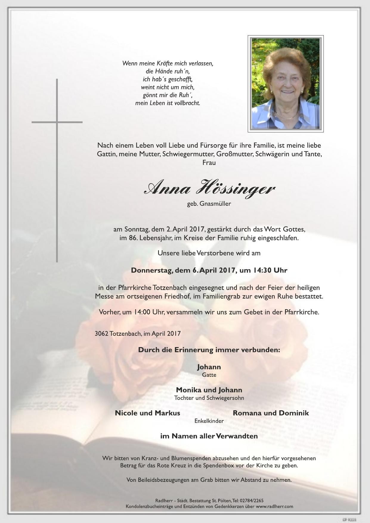 Traueranzeige von Anna Hössinger