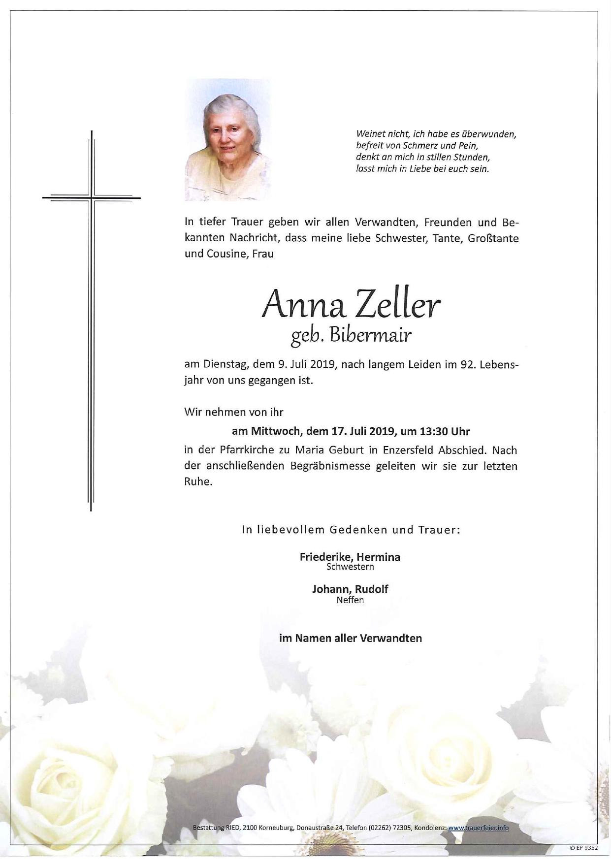 Traueranzeige von Anna Zeller
