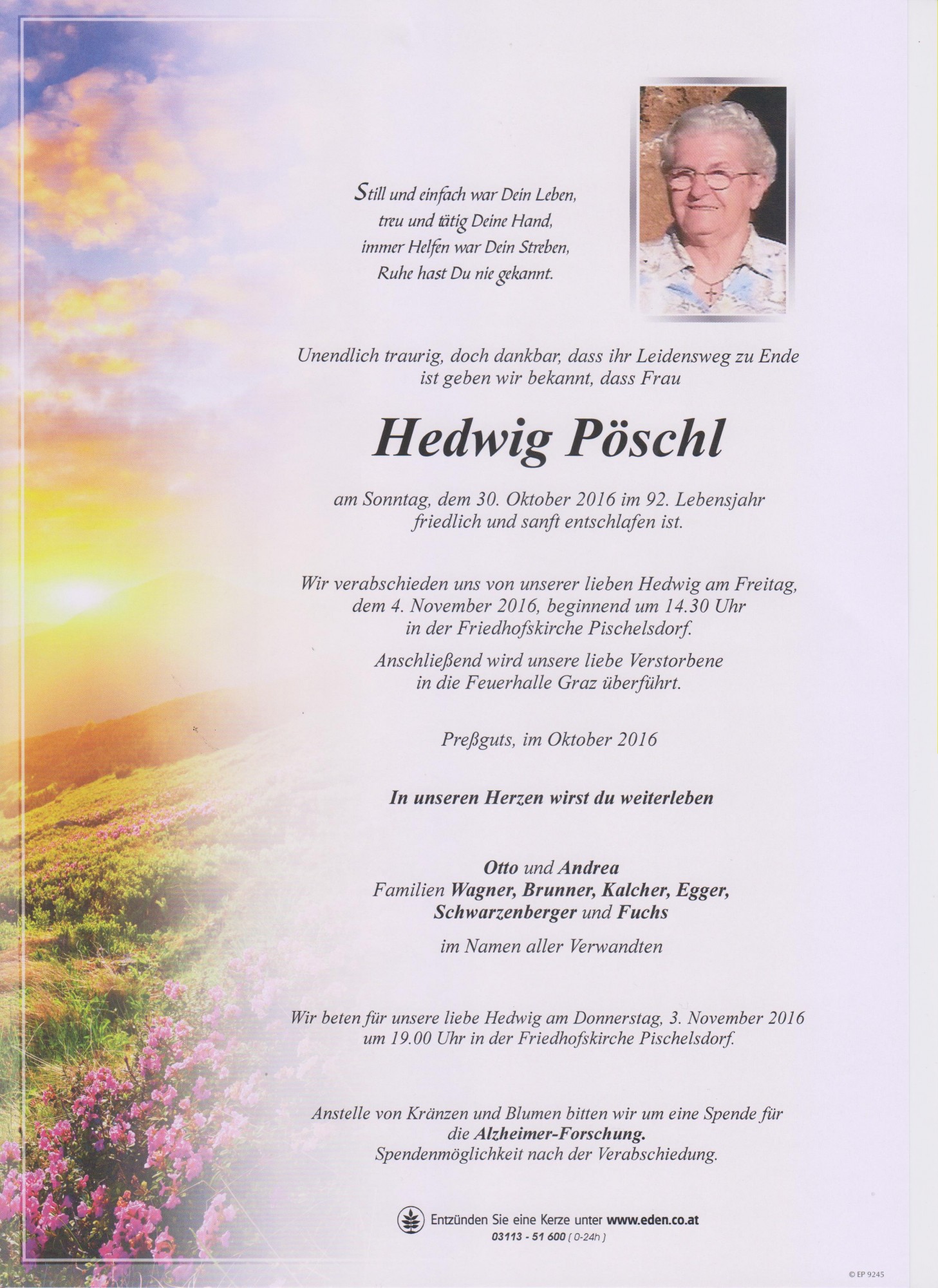 Traueranzeige von Hedwig Pöschl
