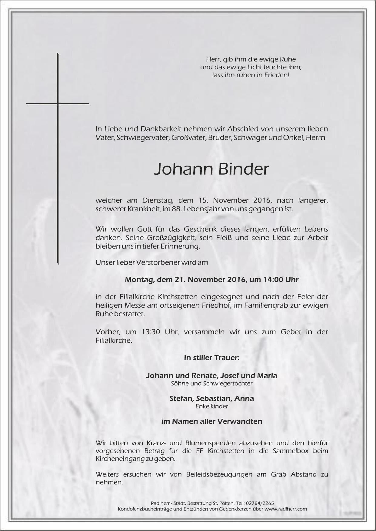 Traueranzeige von Johann Binder