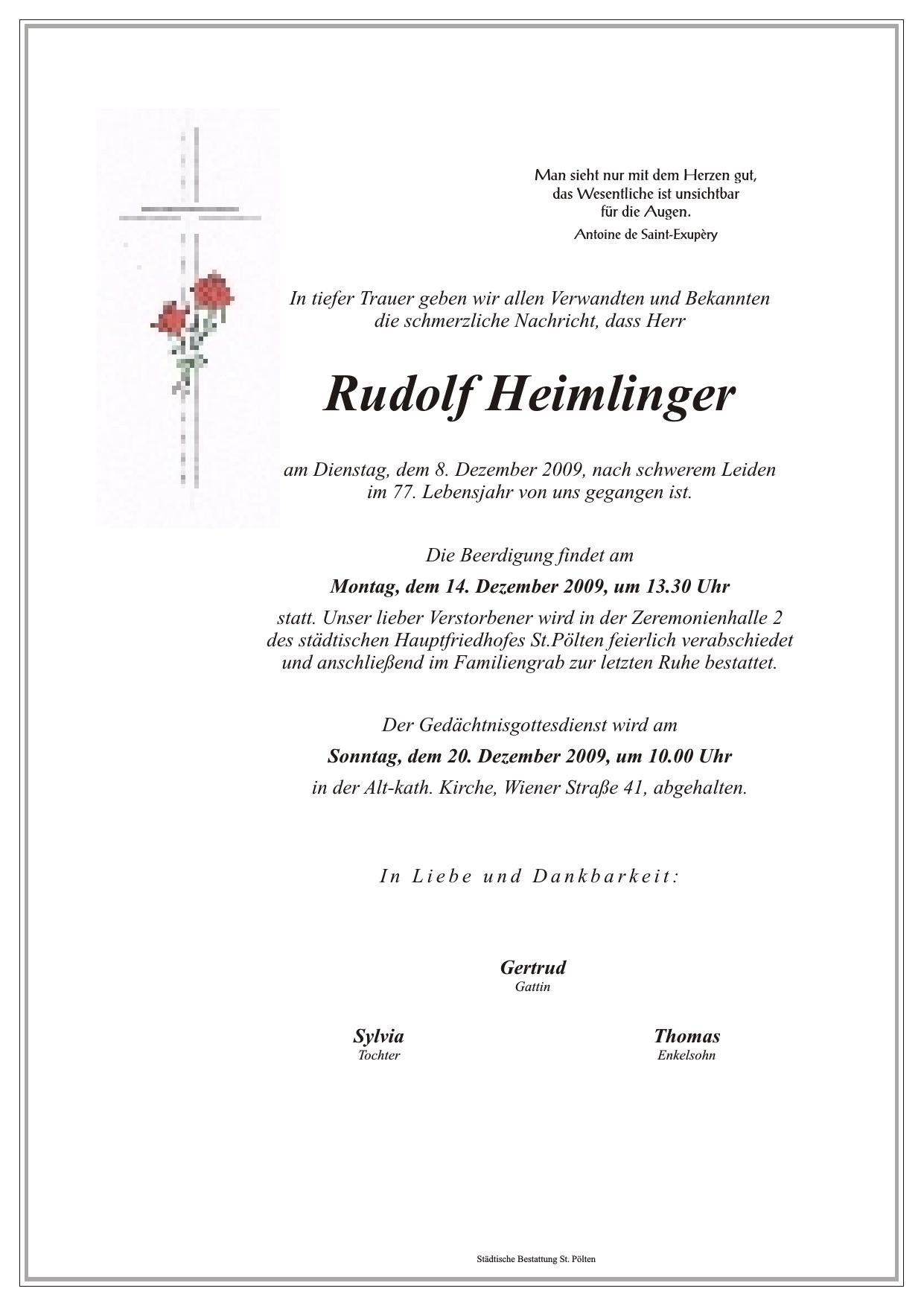 Traueranzeige von Rudolf Heimlinger