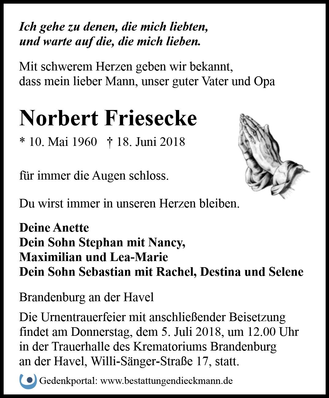 Traueranzeige von Norbert Friesecke