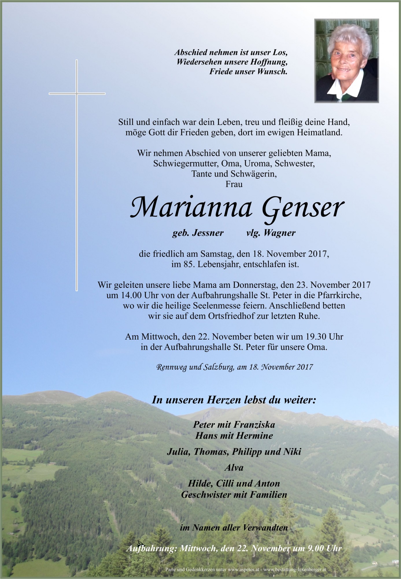 Traueranzeige von Marianna Genser