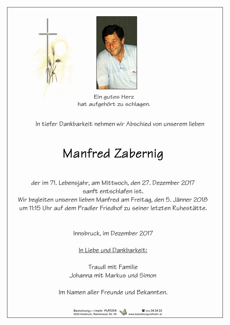 Traueranzeige von Manfred Zabernig