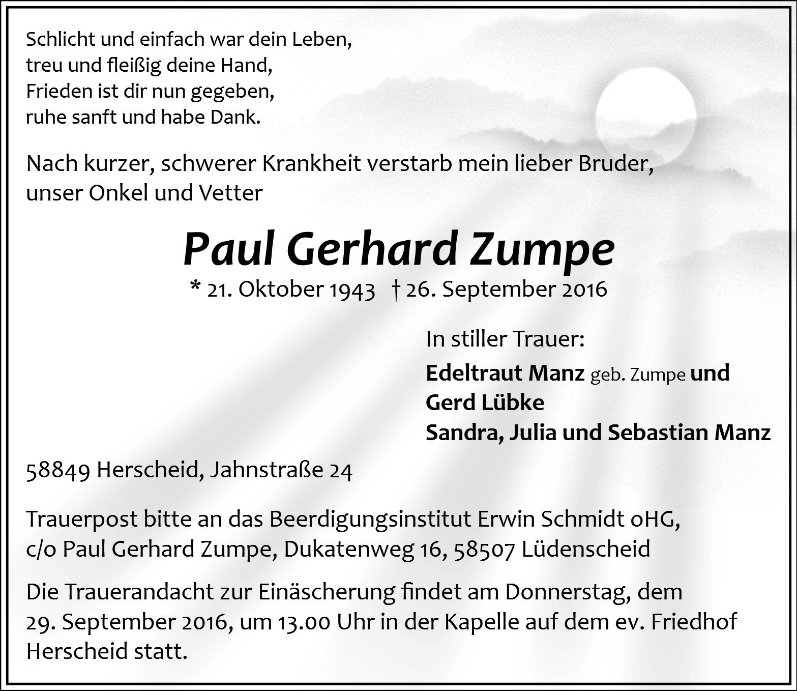 Traueranzeige von Paul Gerhard Zumpe