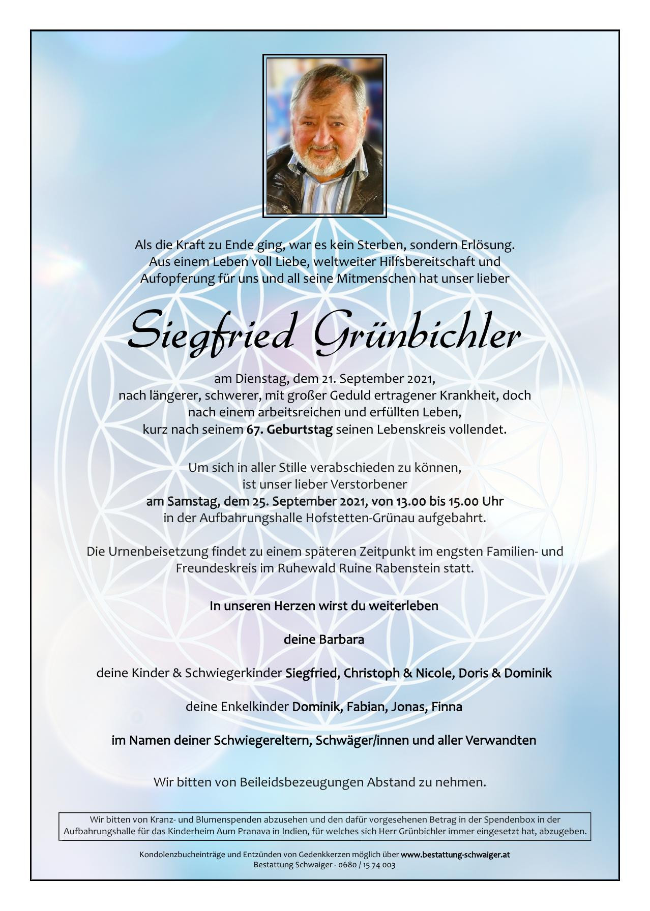 Traueranzeige von Siegfried Grünbichler
