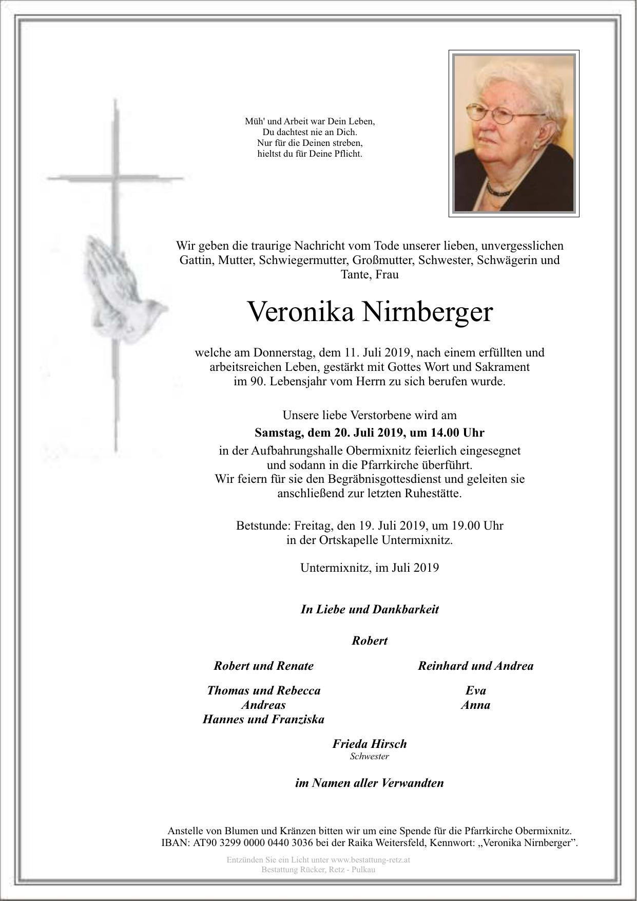 Traueranzeige von Veronika Nirnberger