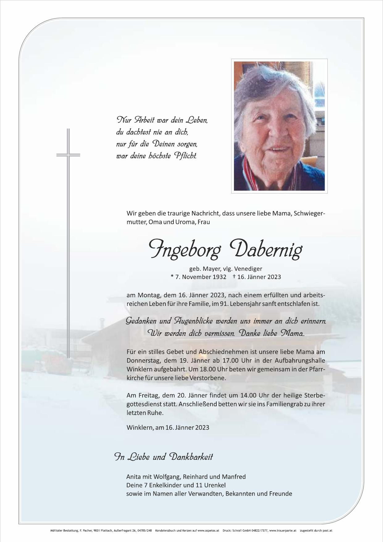 Traueranzeige von Ingeborg Dabernig