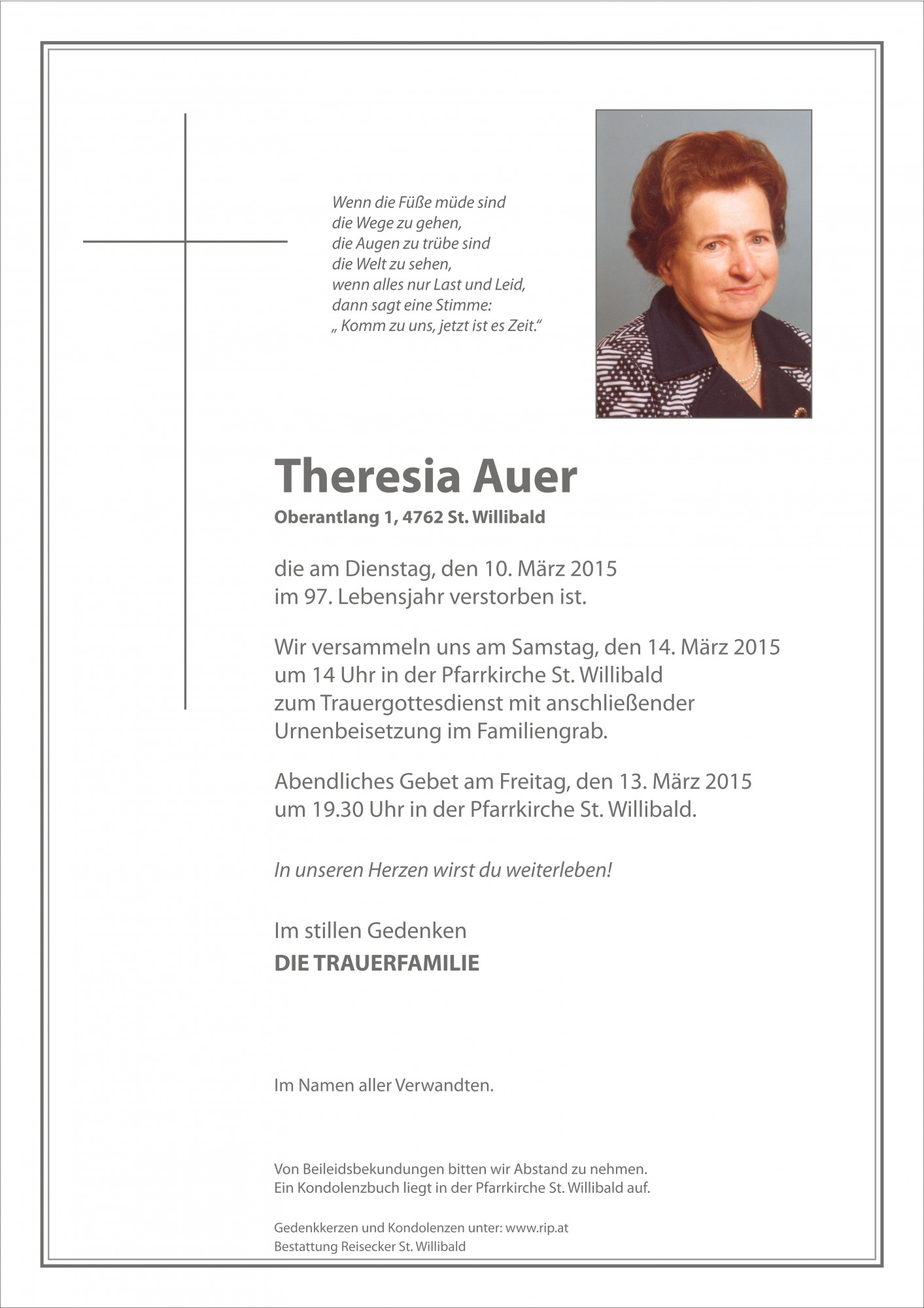 Traueranzeige von Theresia Auer