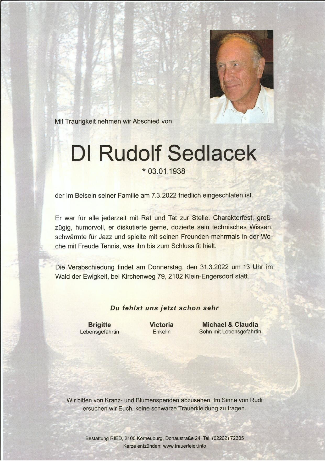 Traueranzeige von Rudolf Sedlacek