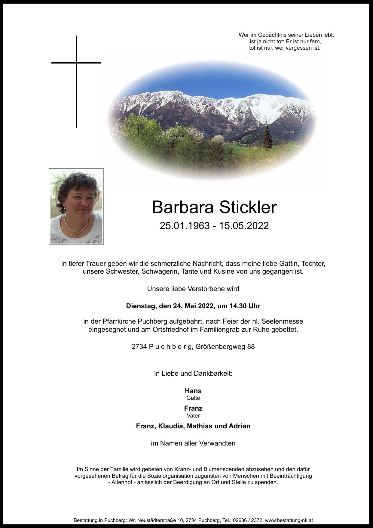 Traueranzeige von Barbara Stickler