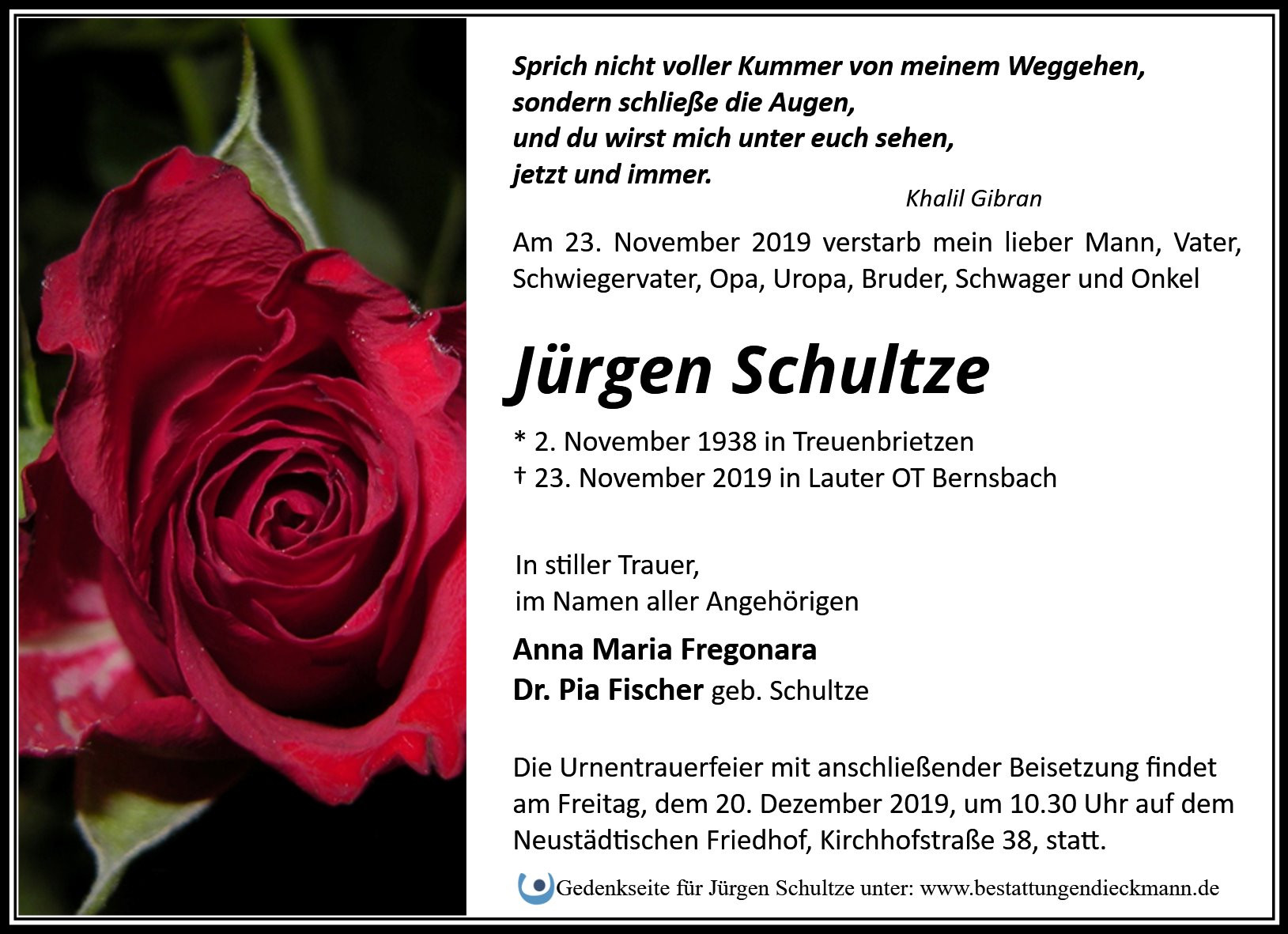 Traueranzeige von Jürgen Schultze