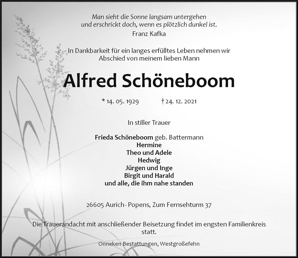 Traueranzeige von Alfred Schöneboom