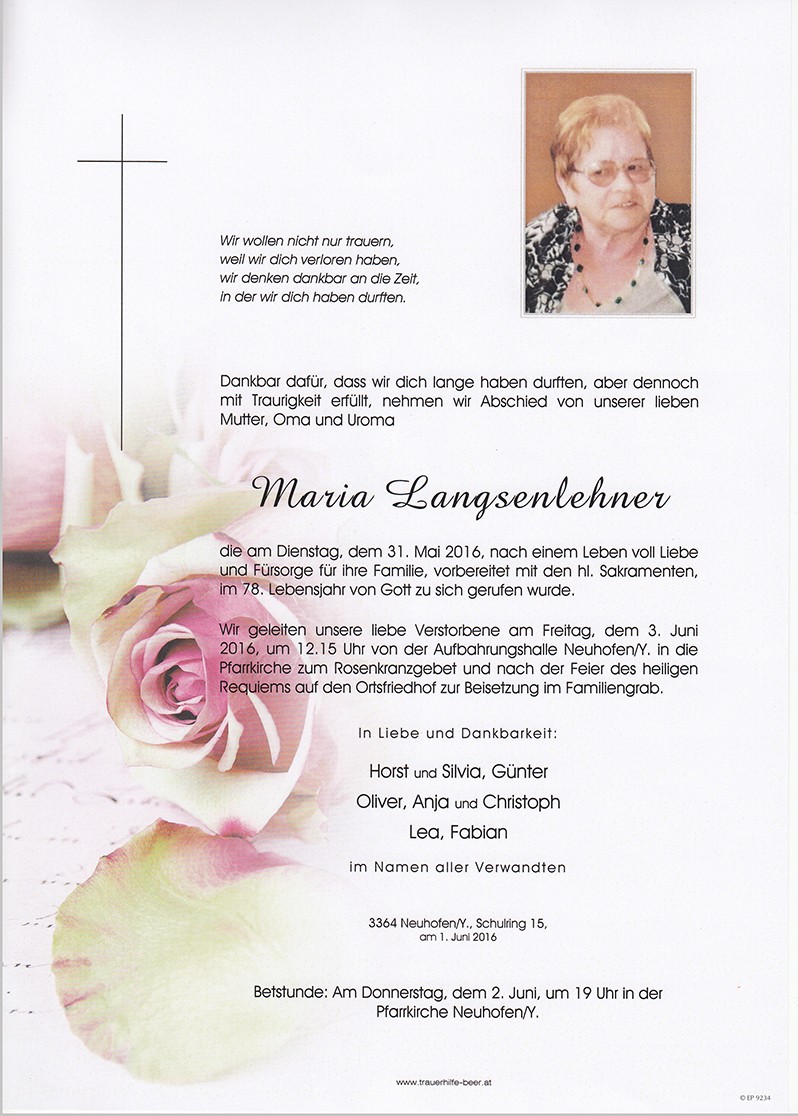 Traueranzeige von Maria Langsenlehner