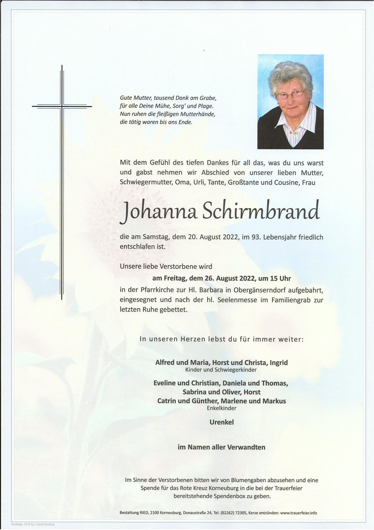 Traueranzeige von Johanna Schirmbrand