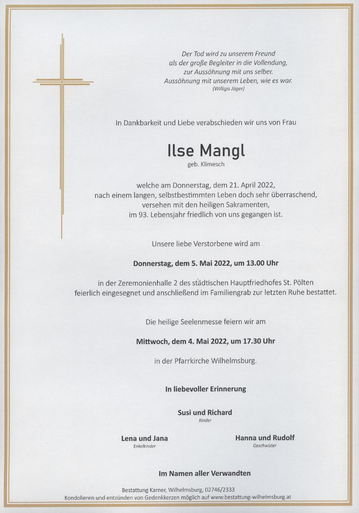 Traueranzeige von Ilse Mangl