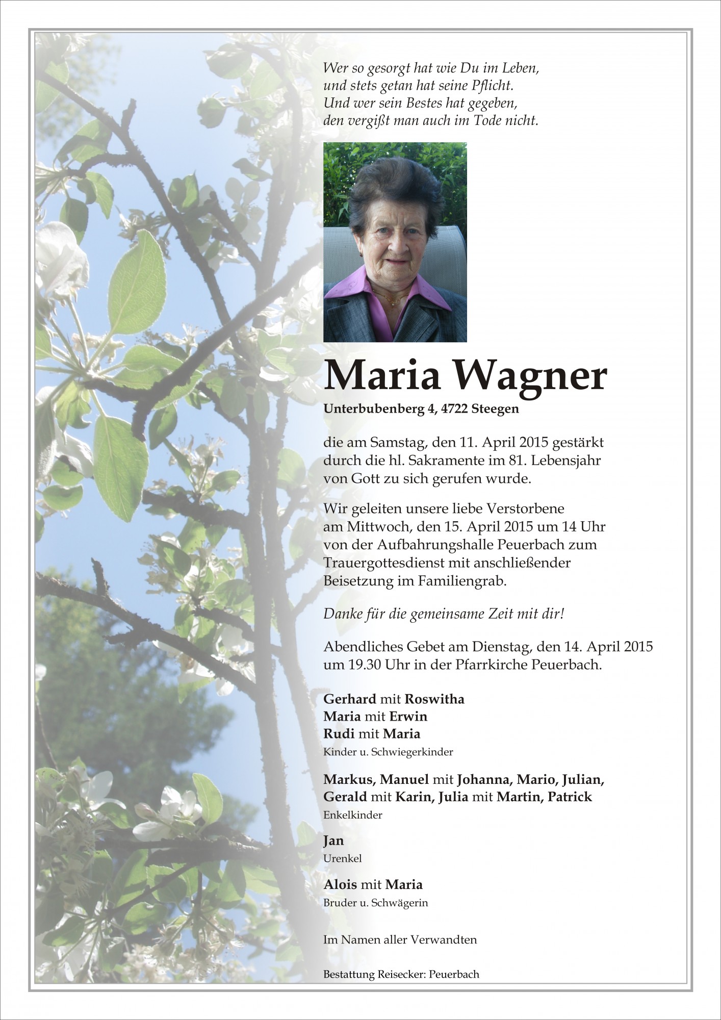 Traueranzeige von Maria Wagner