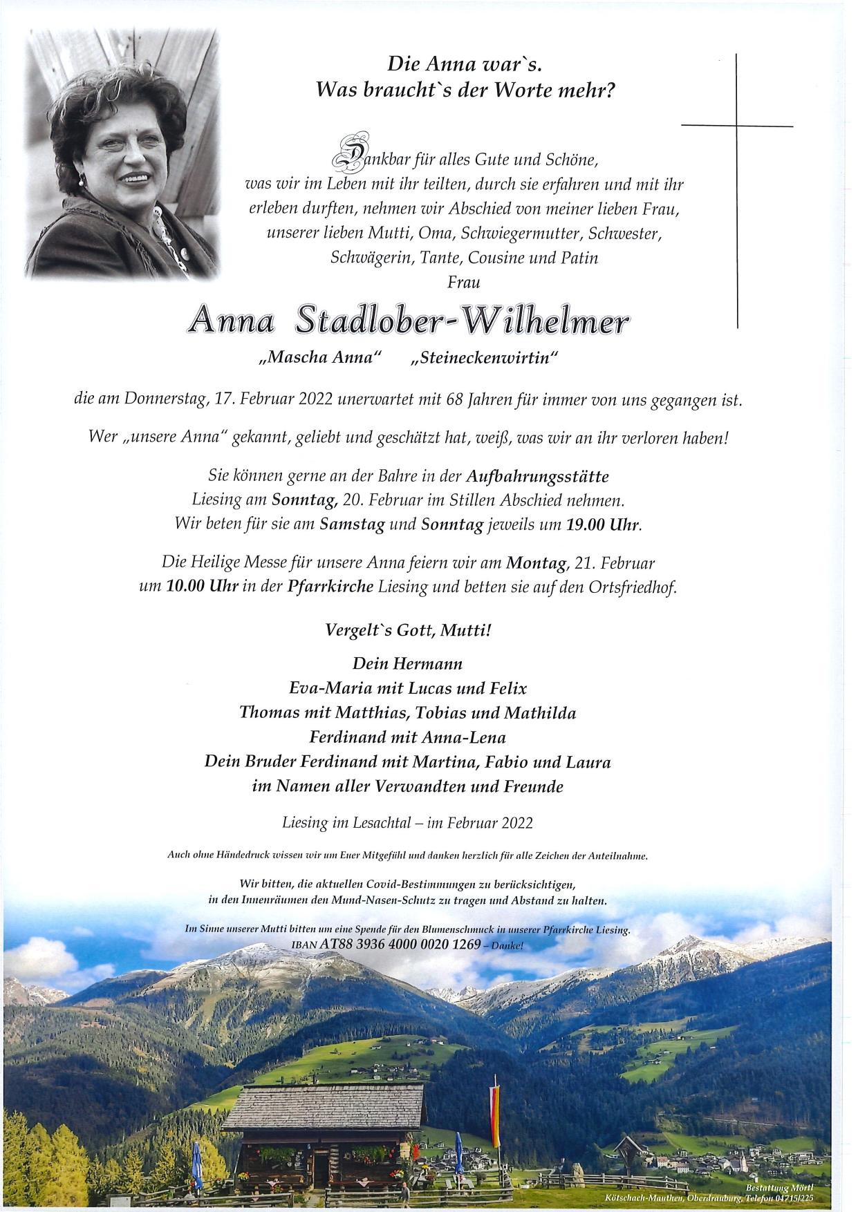 Traueranzeige von Anna Stadlober-Wilhelmer