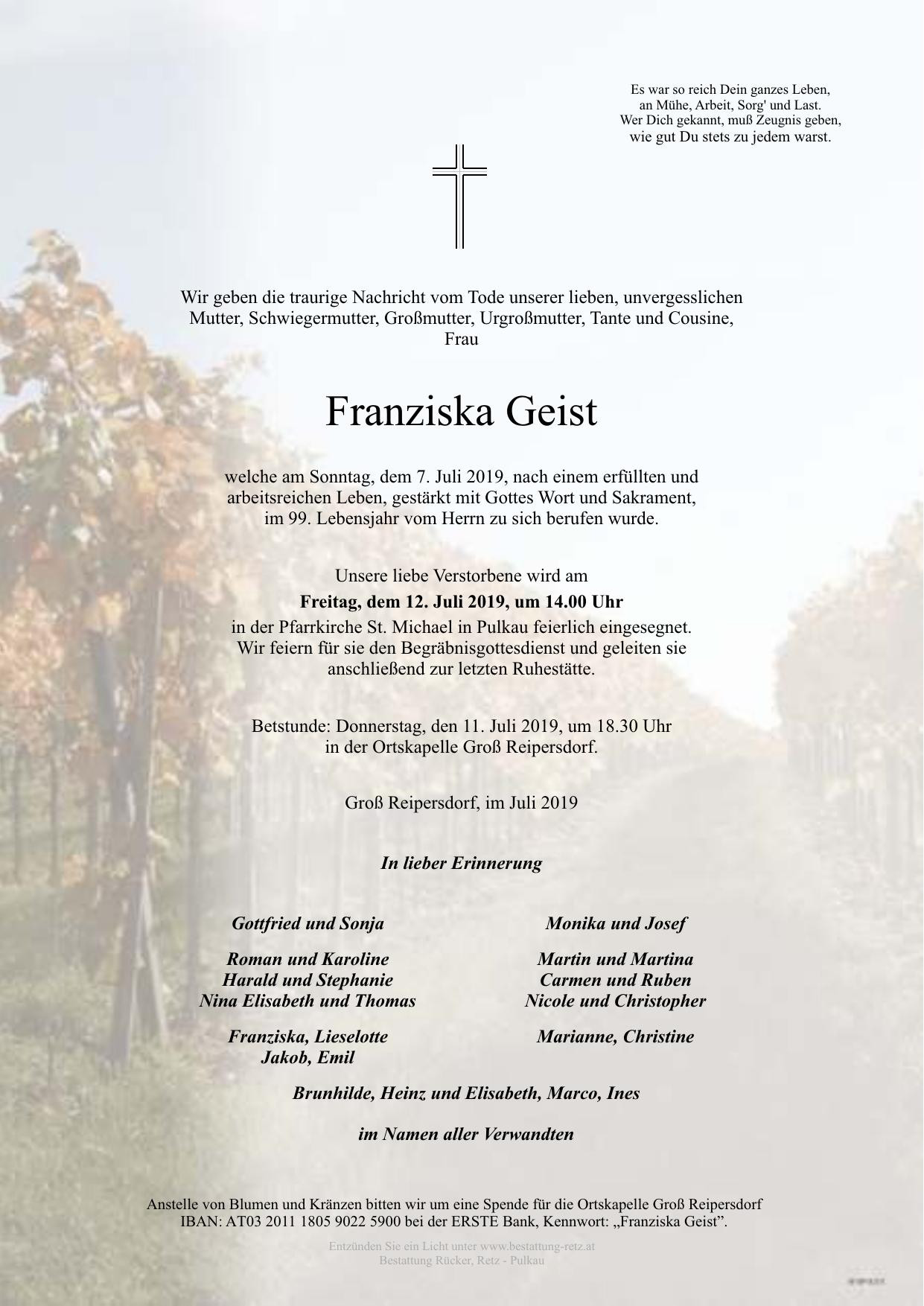 Traueranzeige von Franziska Geist