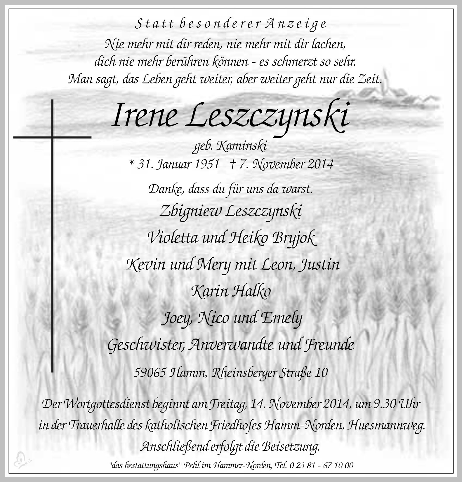 Traueranzeige von Irene Leszczynski