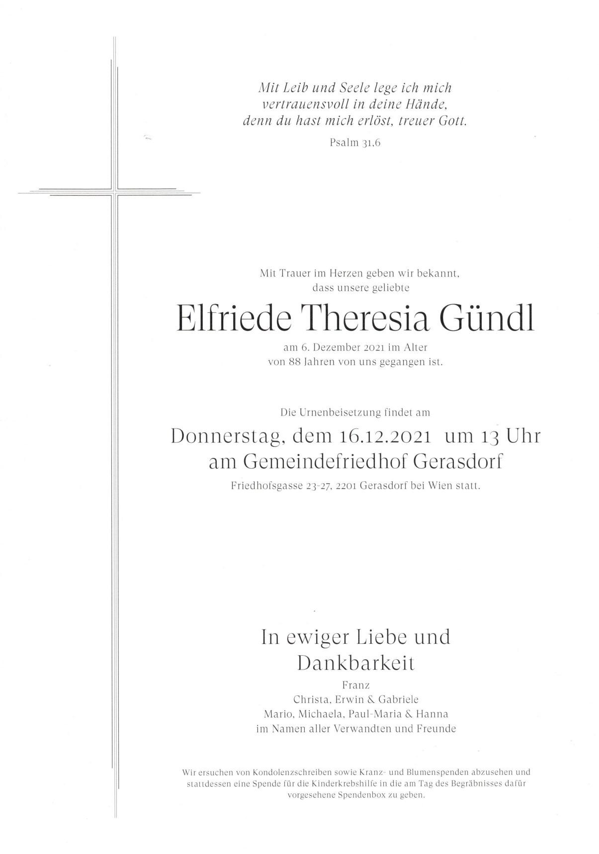 Traueranzeige von Elfriede Gündl
