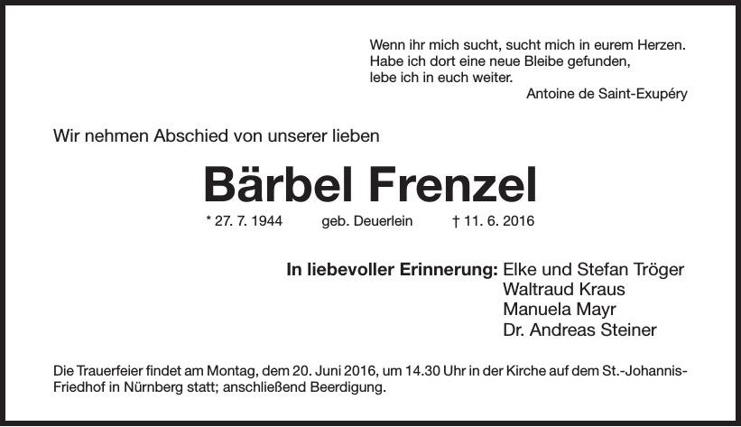 Traueranzeige von Bärbel Frenzel
