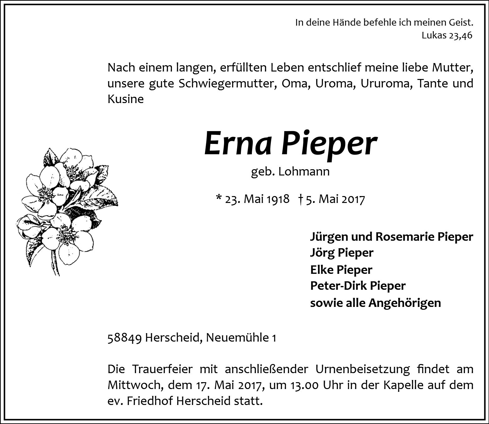 Traueranzeige von Erna Pieper