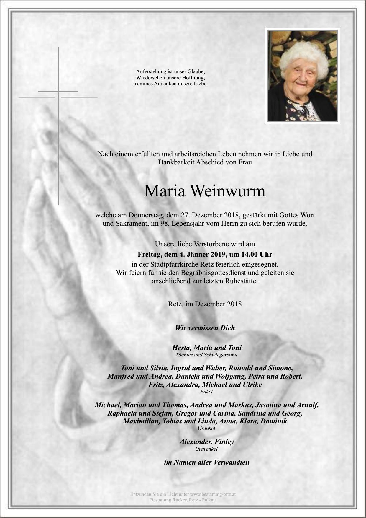 Traueranzeige von Maria Weinwurm