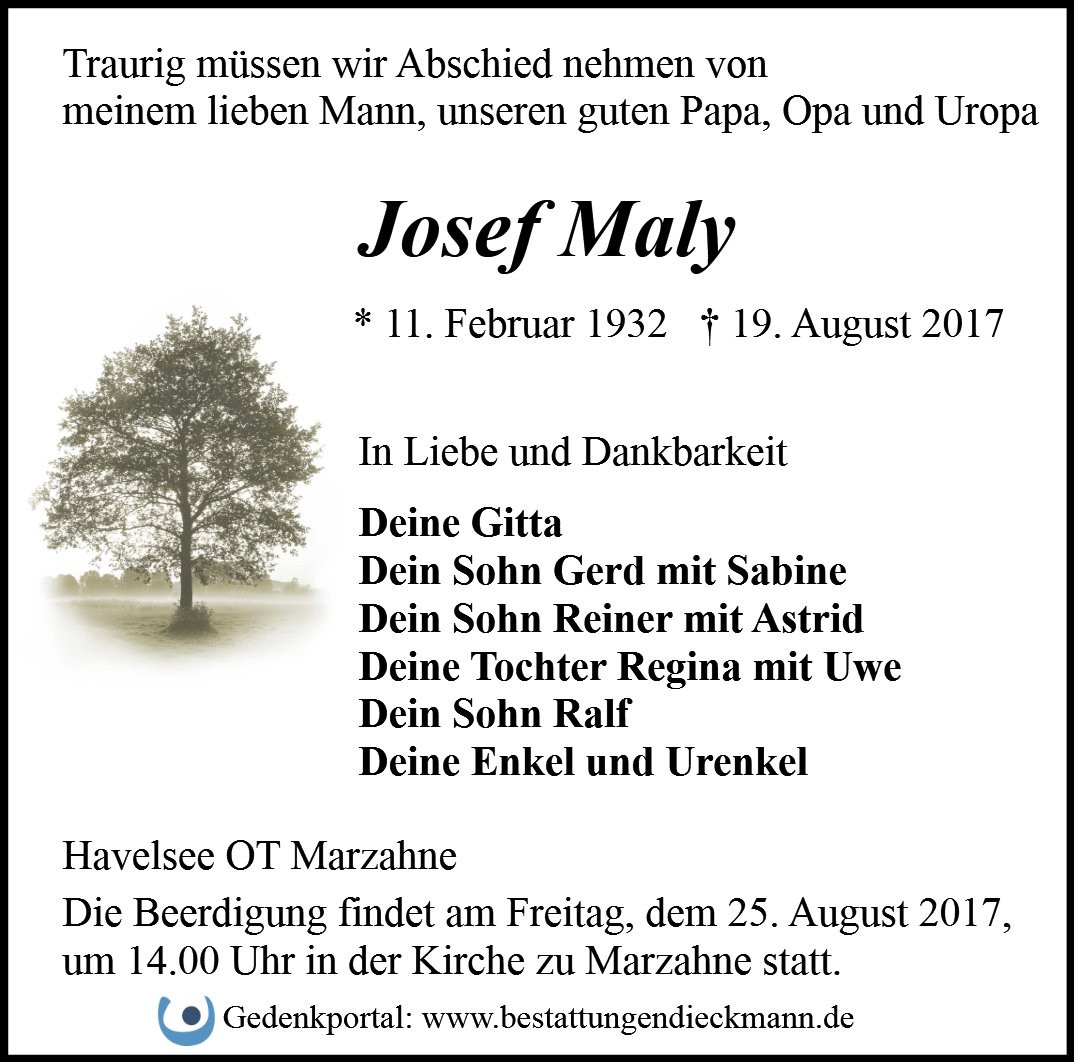 Traueranzeige von Josef Maly