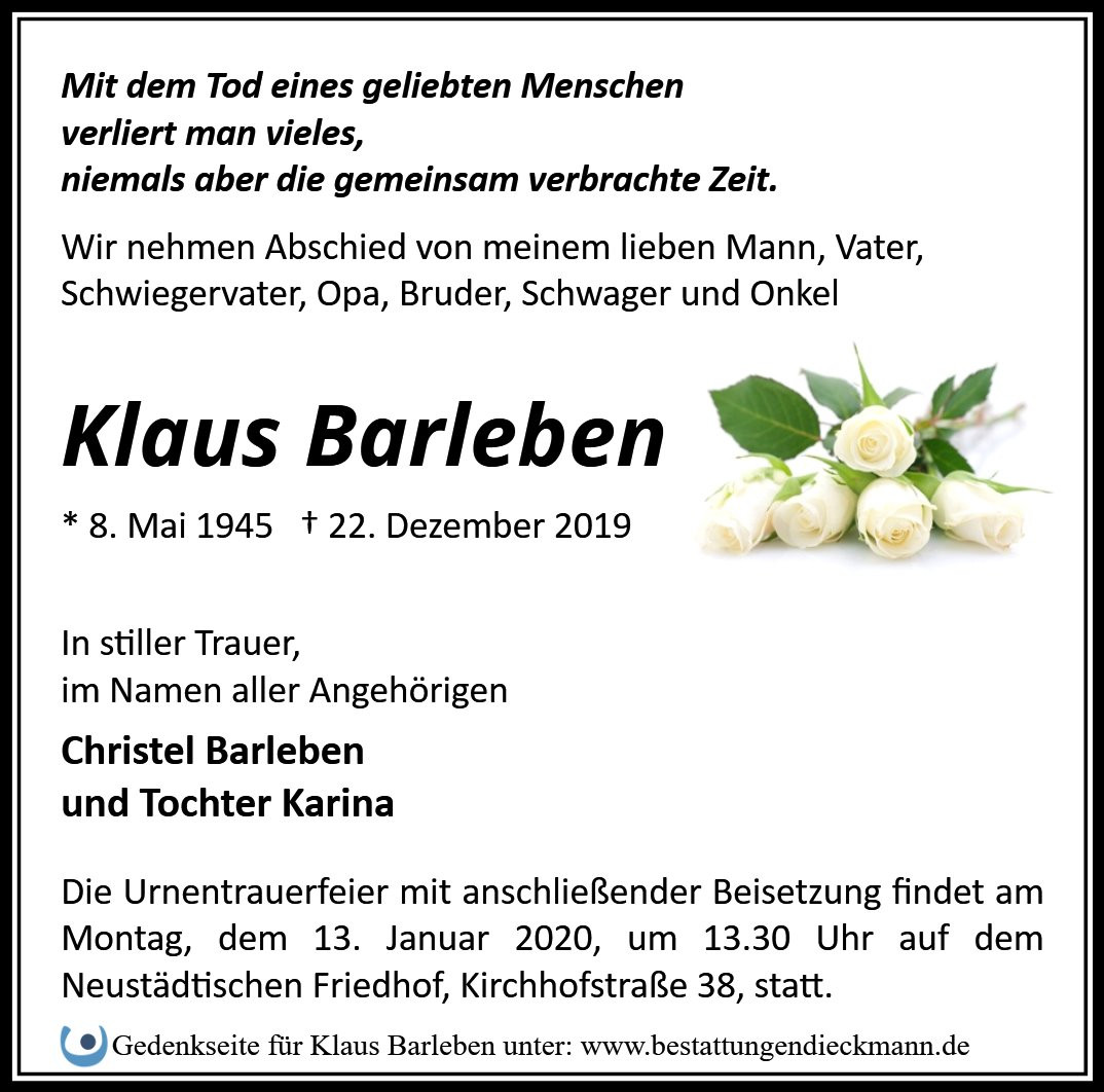 Traueranzeige von Klaus Barleben