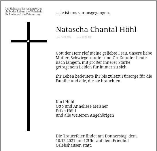 Traueranzeige von Natascha Chantal Höhl