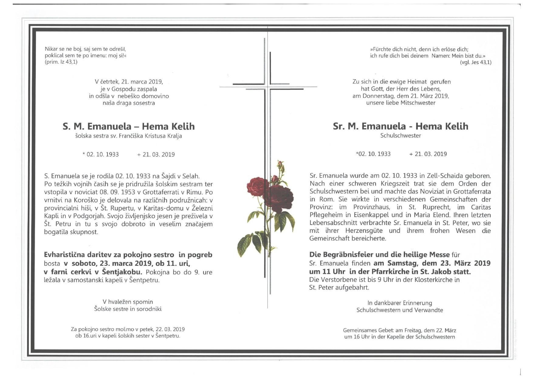 Traueranzeige von Hema Kelih (Sr. Emanuela)
