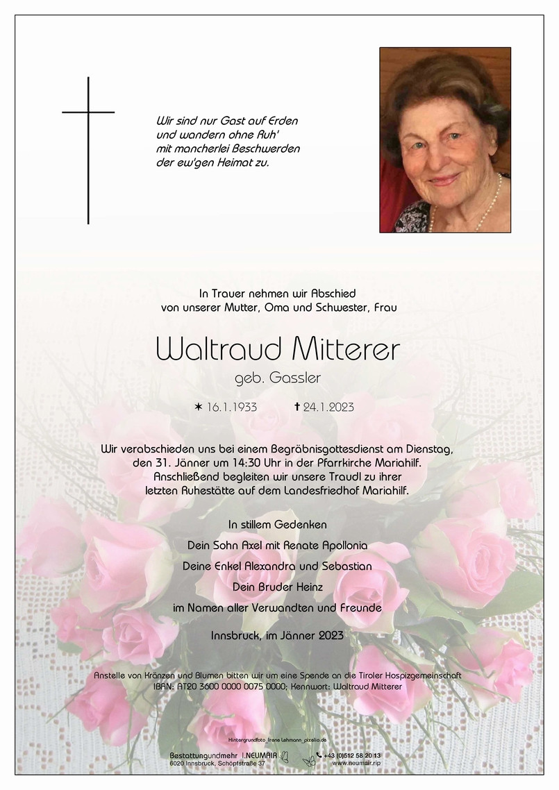 Traueranzeige von Waltraud Mitterer