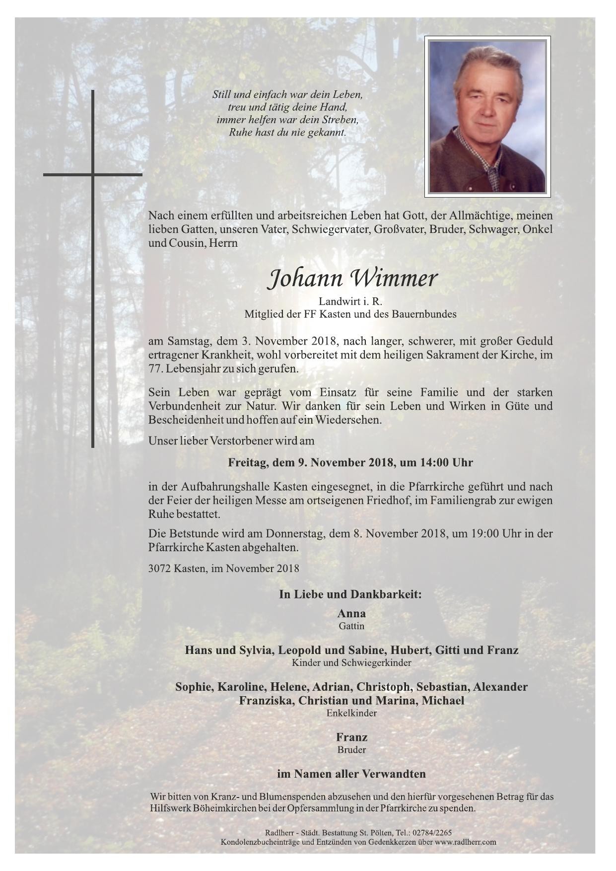 Traueranzeige von Johann Wimmer