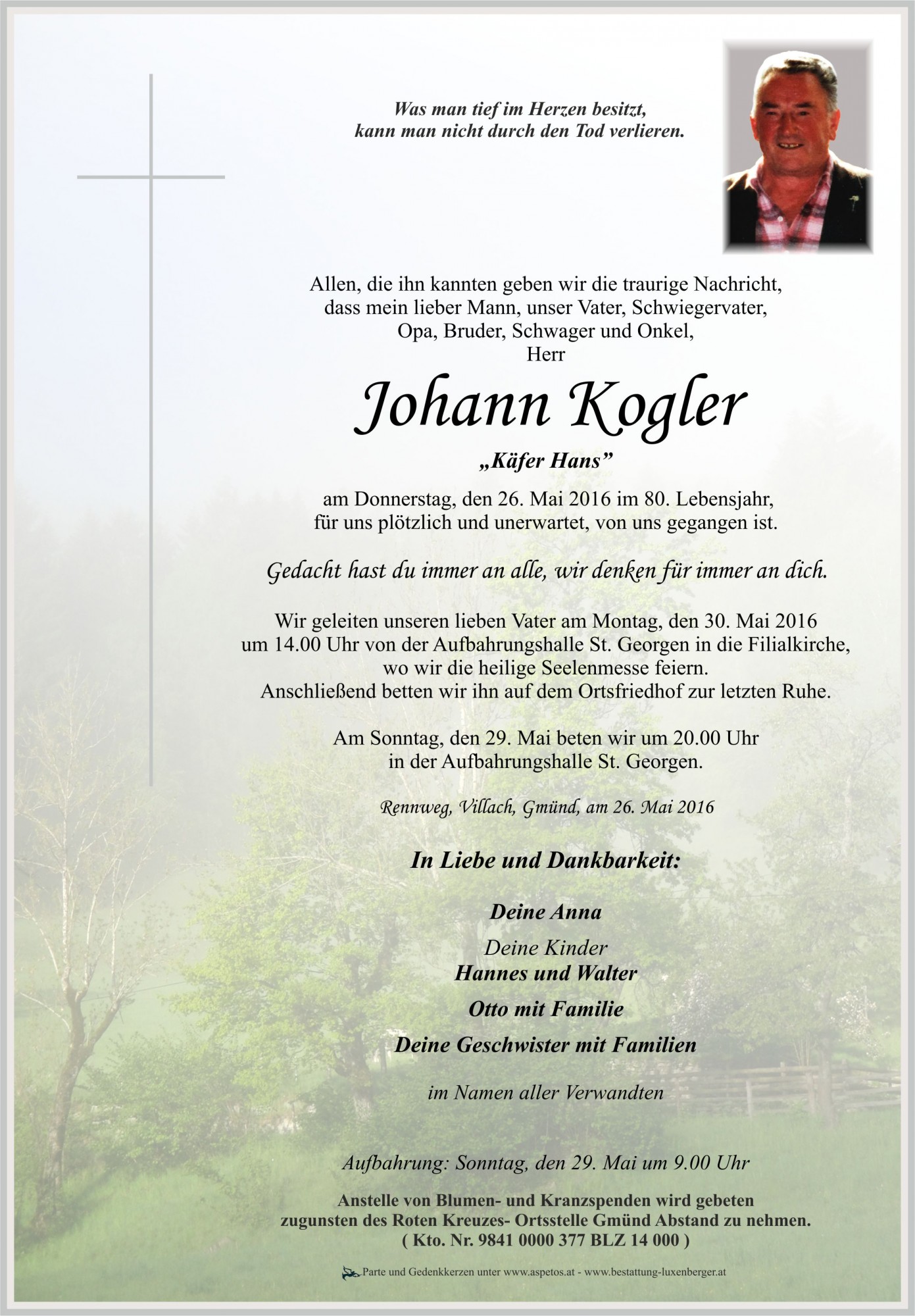Traueranzeige von Johann Kogler