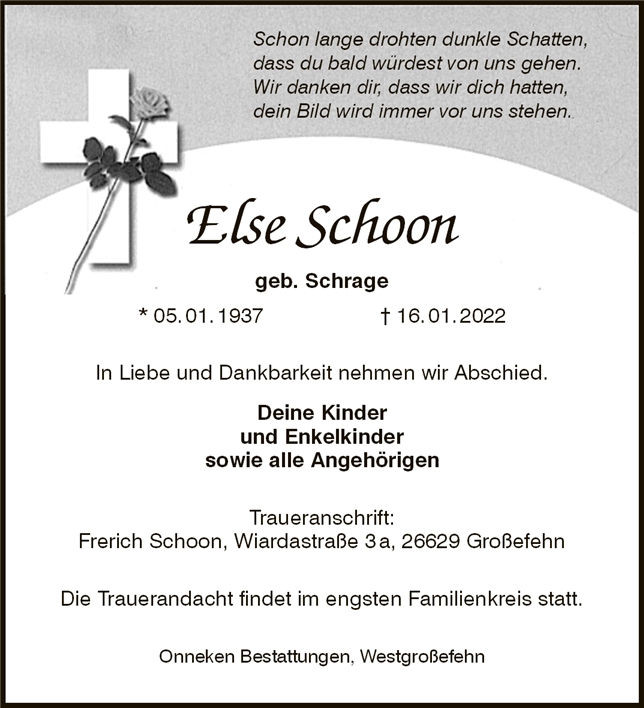 Traueranzeige von Else Schoon