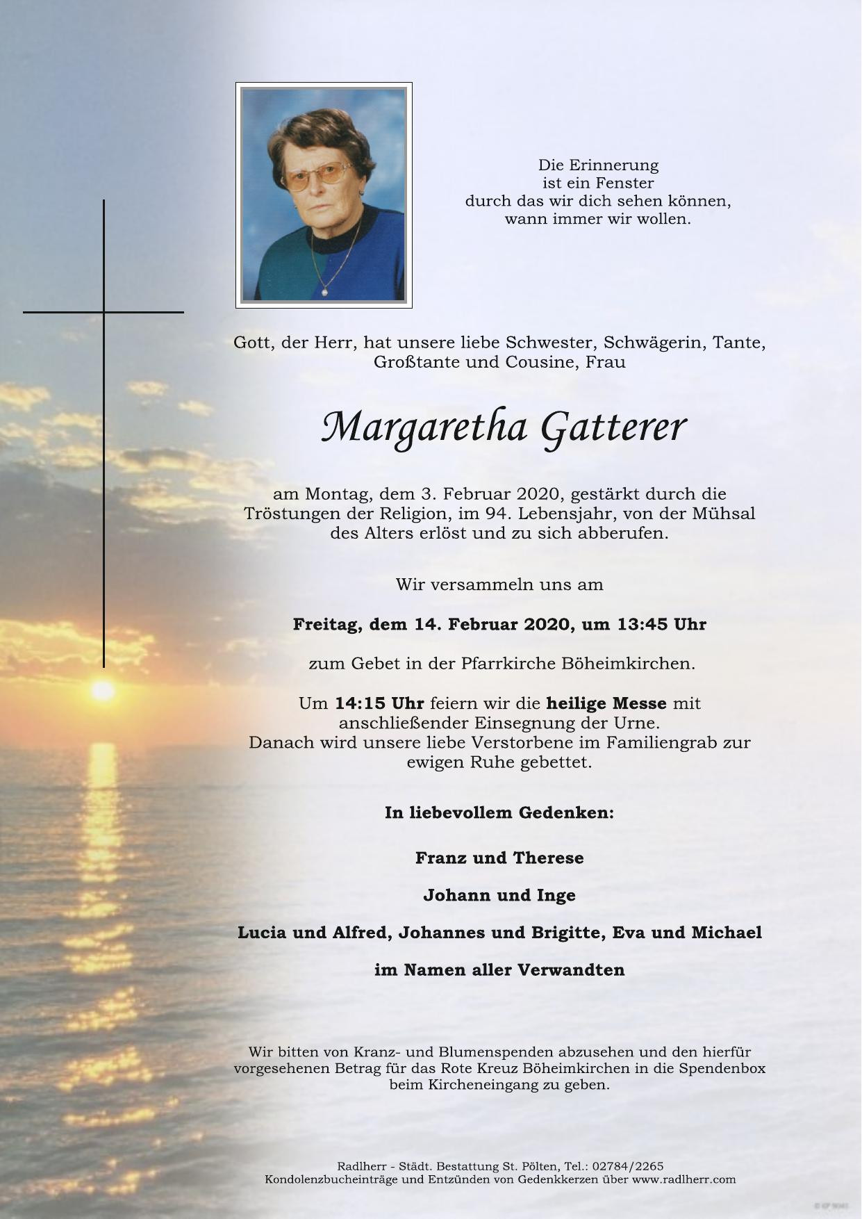 Traueranzeige von Margaretha Gatterer
