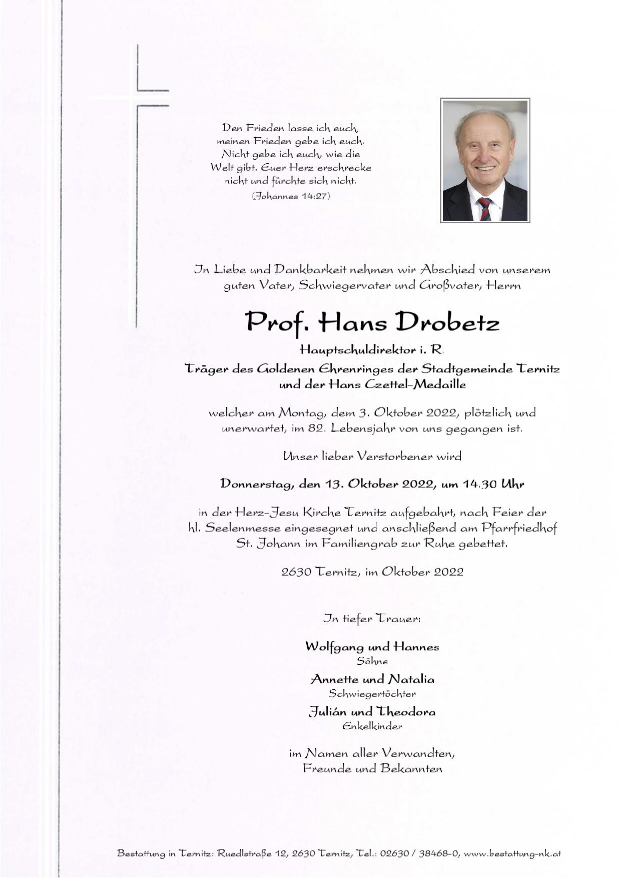 Traueranzeige von Prof. Hans Drobetz