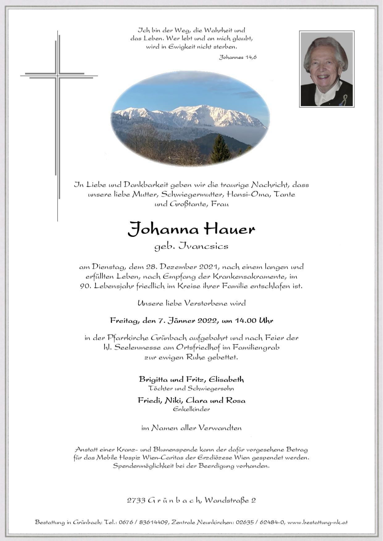Traueranzeige von Johanna Hauer